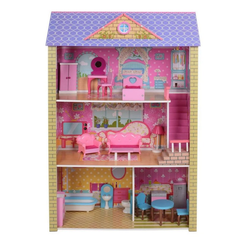 Дерев'яний триповерховий будиночок для ляльок з меблями (арт. MD2009)