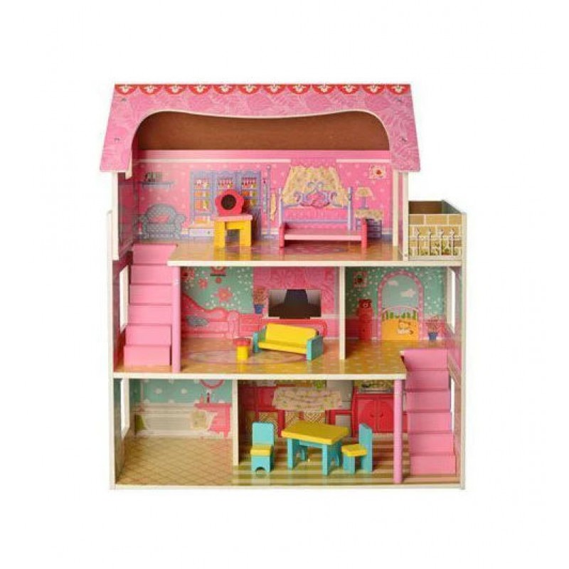 Дерев'яний триповерховий будиночок для ляльок з меблями (арт. MD2203)