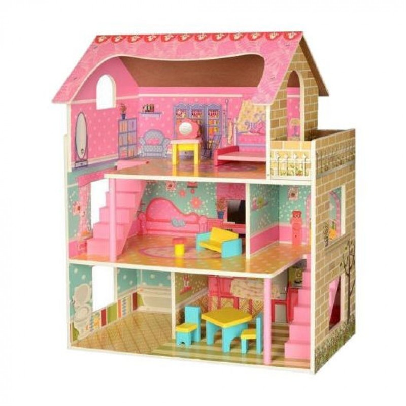 Дерев'яний триповерховий будиночок для ляльок з меблями (арт. MD2203)