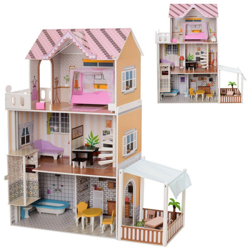 Дерев'яний триповерховий будиночок для ляльок з меблями, ліфтом (арт. MD2150)