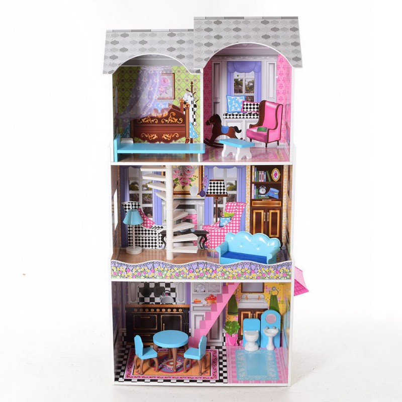 Деревянный трехэтажный домик для кукол с мебелью, лифтом (арт. MD2412)
